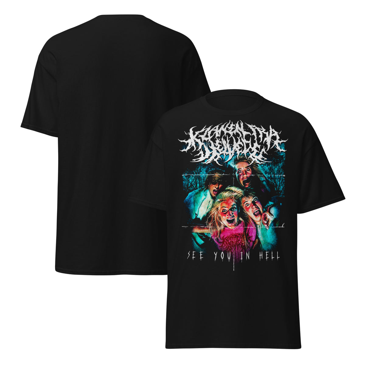 Klanen fra helvede Horror Unisex T-Shirt in black, front and back views