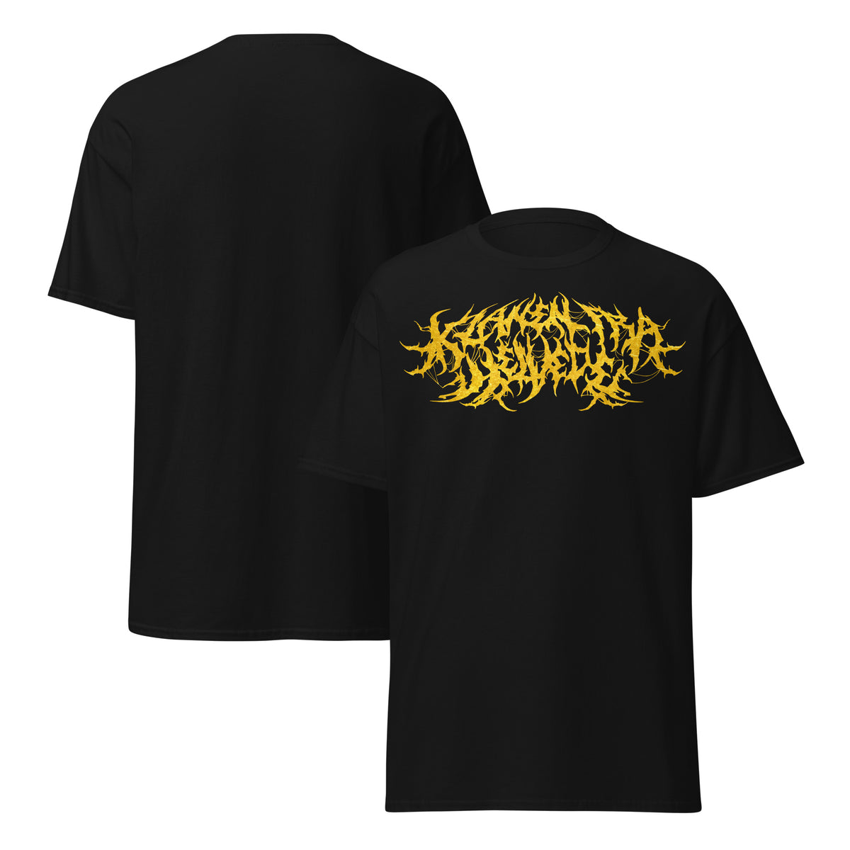 Klanen fra helvede Gore Yellow Unisex T-Shirt in black, front and back views
