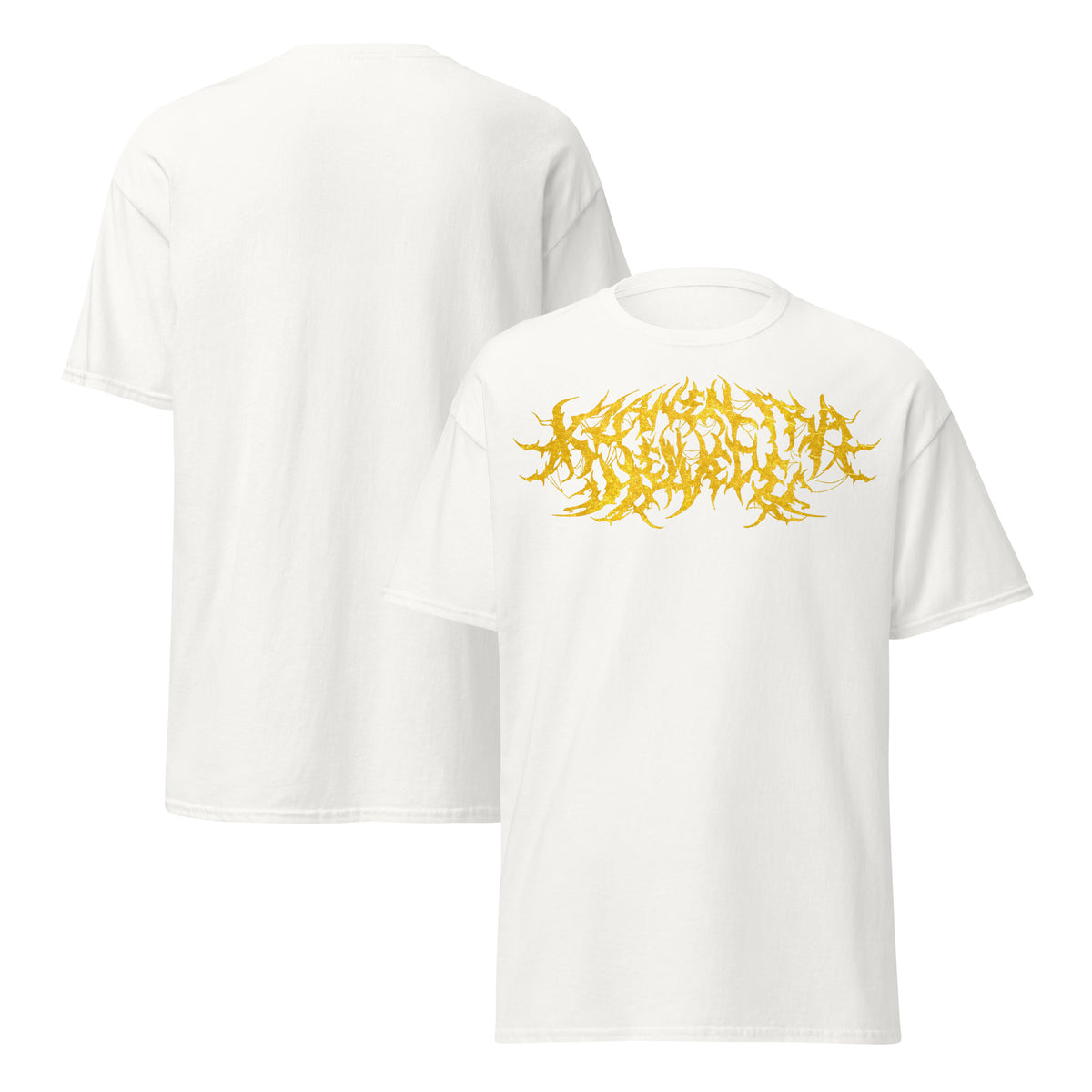 Klanen fra helvede Gore Yellow Unisex T-Shirt in white, front and back views