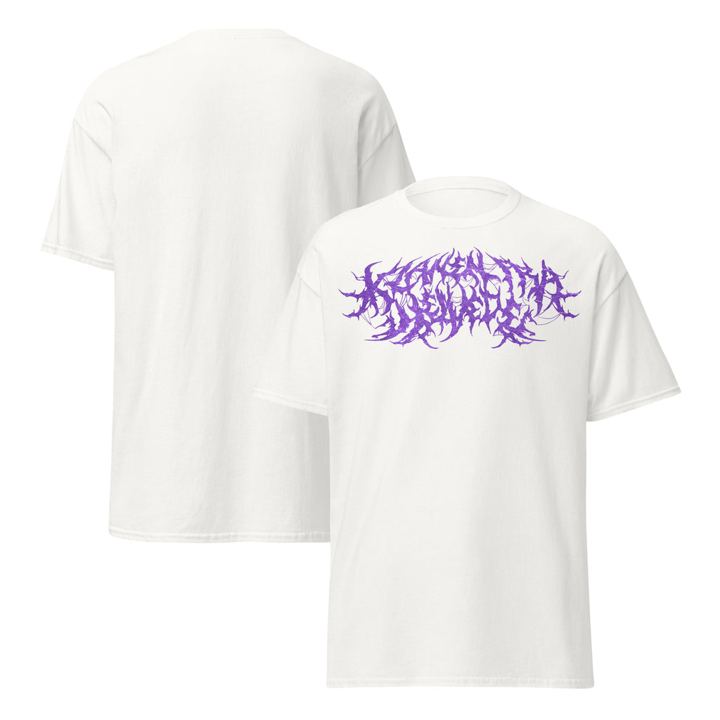 Klanen fra helvede Gore Purple Unisex T-Shirt in white, front and back views