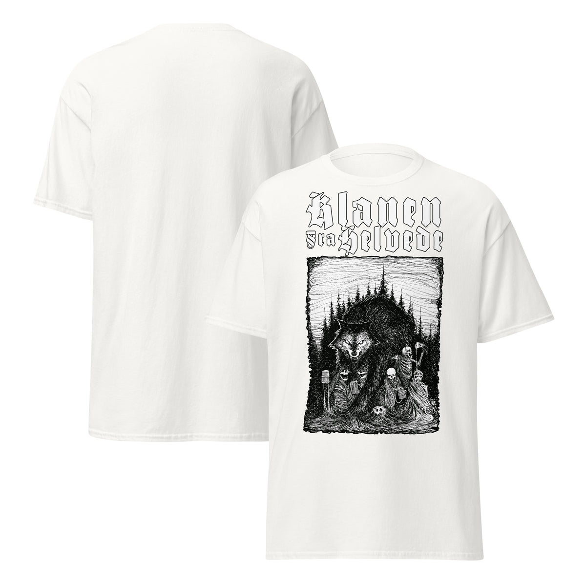 Klanen fra helvede Gothic Unisex T-Shirt in white, front and back views